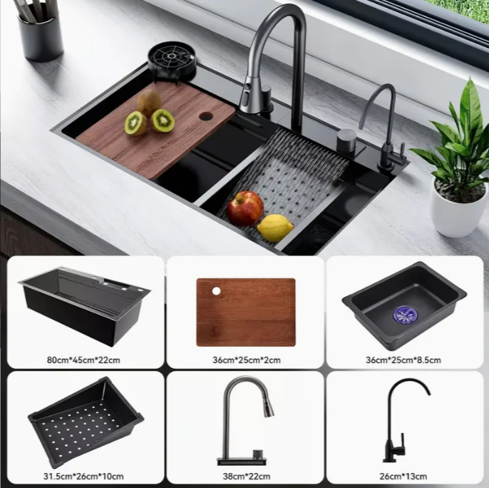 Nowoczesny Czarny Zlew ze Stali Nierdzewnej z Cyfrowym Wyświetlaczem i Kranem 4w1 – Design Wodospadu + Akcesoria