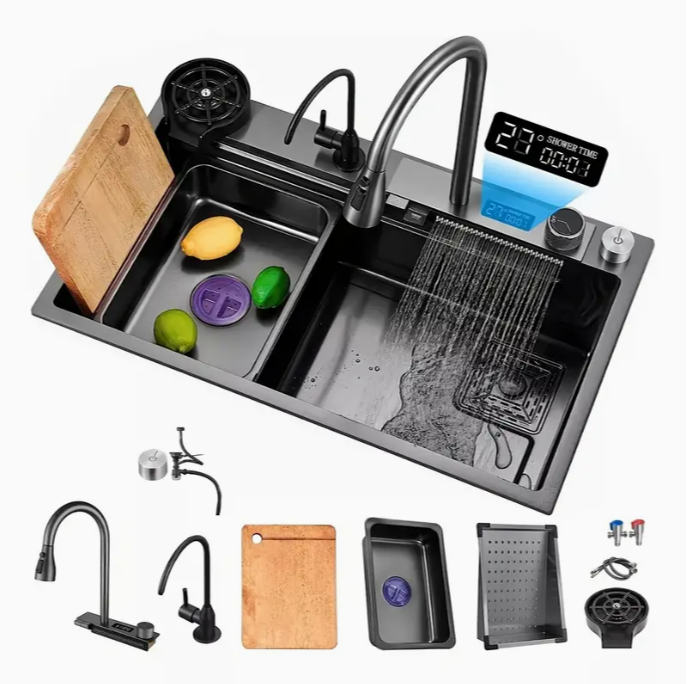 Nowoczesny Czarny Zlew ze Stali Nierdzewnej z Cyfrowym Wyświetlaczem i Kranem 4w1 – Design Wodospadu + Akcesoria