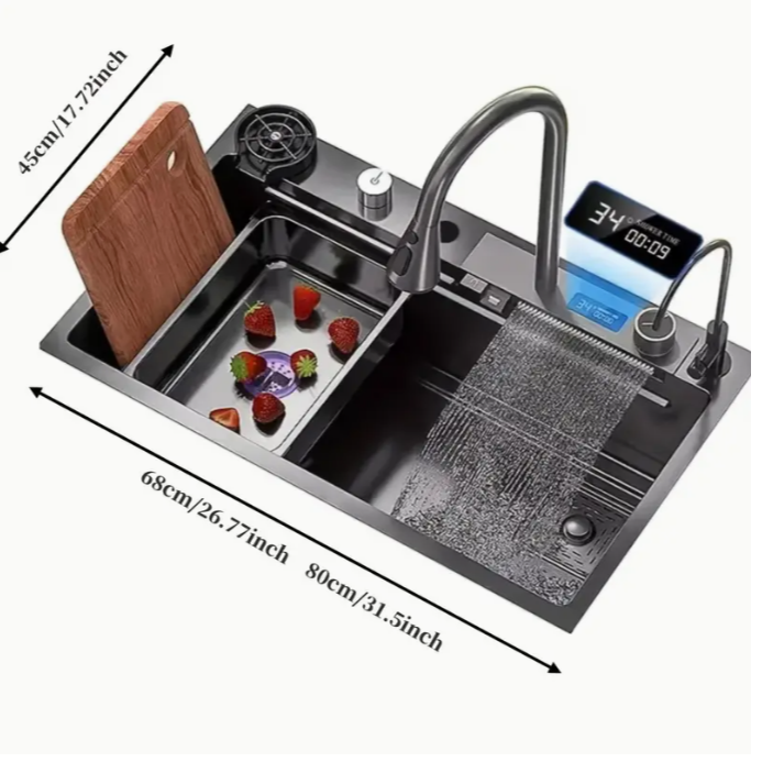 Nowoczesny Czarny Zlew ze Stali Nierdzewnej z Cyfrowym Wyświetlaczem i Kranem 4w1 – Design Wodospadu + Akcesoria