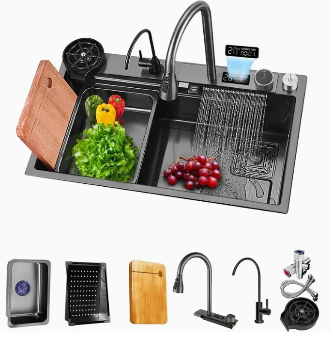 Nowoczesny Czarny Zlew ze Stali Nierdzewnej z Cyfrowym Wyświetlaczem i Kranem 4w1 – Design Wodospadu + Akcesoria